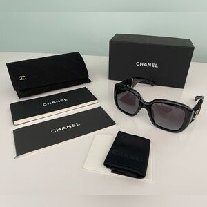 CHANEL Square Sunglasses Acetate & Tweed 5512-A Black Gold NEW